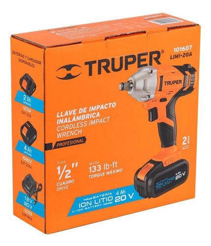 Llave De Impacto Inalambrica 1/2 180nm 20v Truper 101607