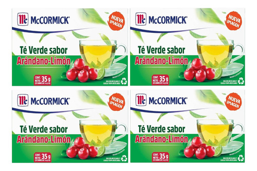 4 Té Mccormick Verde Sabor Arándano Con Limón 25 Sobres
