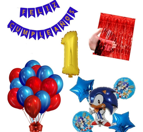 Combo Deco Sonic Globo 3d 65cm+cortina+latex+feliz Cumple