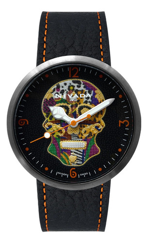 Nivada Huichol Unisex Cráneo Correa De Piel Negra Correa Negro Bisel Plateado Fondo Negro