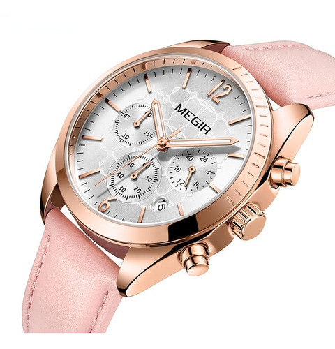 Relógio feminino de couro Megir Chronograph 2115, pulseira, cor rosa