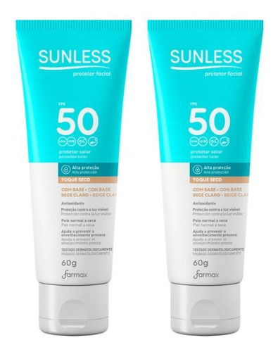 Protetor Solar Sunless Facial F50 Com Base Claro 60g - 2un