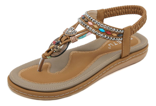 Sandalias Tipo Flip-flop Con Strass New 2024 De Color Caqui