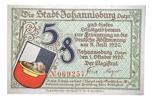 Billete 5 Pfennig Alemana Notgeld 1920 Johannisburg Gra 662