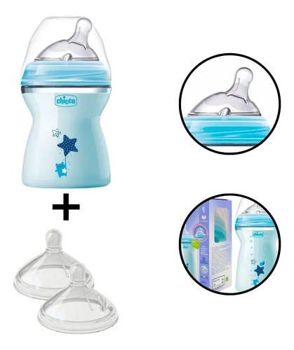 Kit Mamadeira Step Up 250ml Azul + 2 Bicos Reposição Chicco