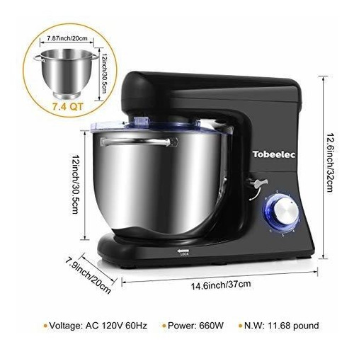 Tobeelec Stand Mixer, 7.4qt 660w Electric Mixer 6+p-speed T