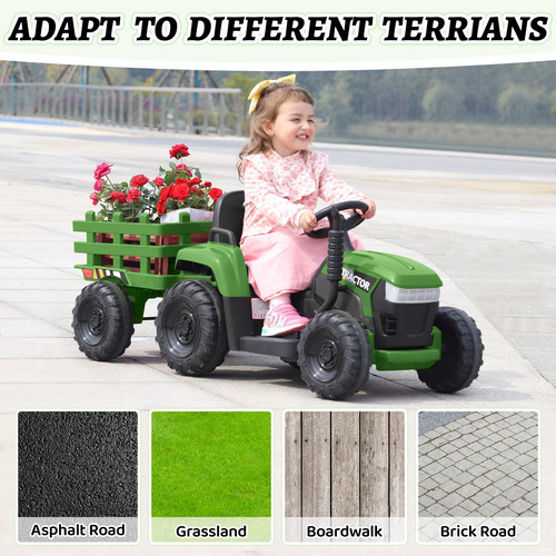 Tractor De Juguete A Batería 12 V Con Remolque Verde Y Rosad