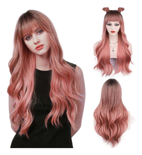 Peluca Rosa Con Flequillo Peluca Onduladas Largas Para Mujer