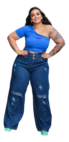 Calça Wide Leg Jeans Plus Size Destroyed