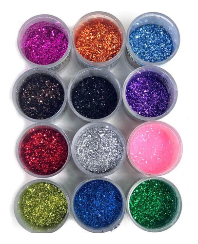Kit C/12 Glitter Purpurina Colorido Em Pó Cada Contém 3g