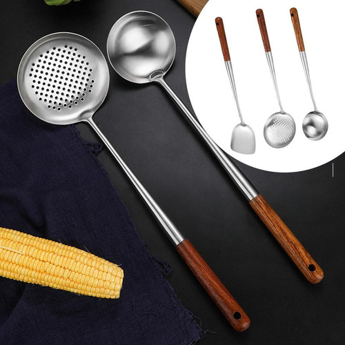 W Wok Espátula Cucharón Skimmer Práctico Mango De Madera