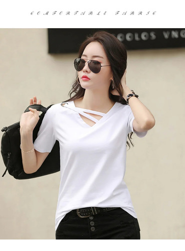 Camiseta De Manga Corta Con Cuello En V Para Mujer