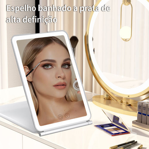 Espelhos Para Maquiagem Led Dobravel E Portátil Com Espelho 10x Carregamento Usb Fonte De Luz De Três Cores Cor Branco