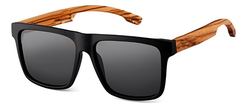 Óculos De Sol Haste De Madeira Masculino Bambu Impresso Lente Preto