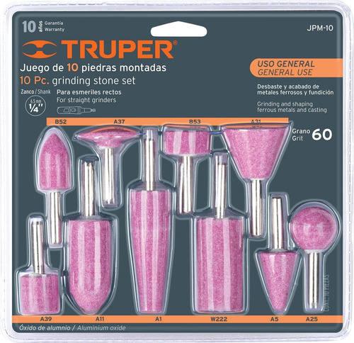 Juego 10 Piedras Montadas Esmeril Grano 60 Eje 1/4'' Truper