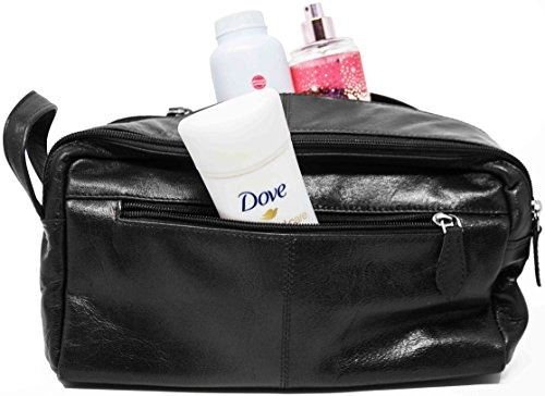 Cuero Genuino De Cuero Negro Unisex Toiletry Bag Travel Orga