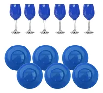Comprar Juego 6 Platos Playos 6 Copas Color Pleno Tallo Transparente