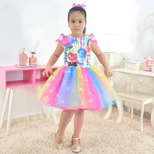 Vestido Divertida Mente 2 Saia Tutu Colorido Com Led