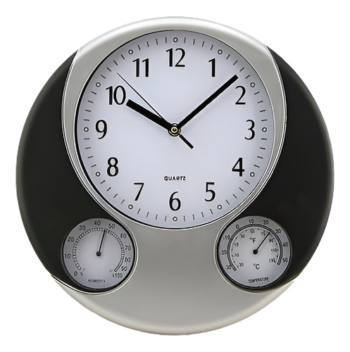 Negro Plata 32cm Plástico Redondo Reloj De Pared Con Termóme