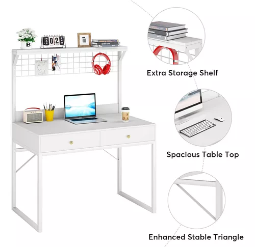 Escritorio blanco para computadora con cajones, mesa de escritura con  estante de rejilla para exhibición de arte para oficina en casa