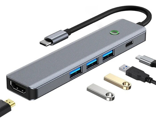 Hub C Usb 3.0 X 3 Pd 100w - Hdmi Con Interruptor Pc Mac iPad Color Plateado