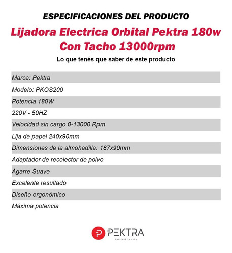 Imagen 6 de 8 de Lijadora Orbital Electrica 13000rpm 180w Pektra Con Tacho