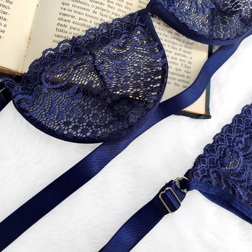 Conjunto Lingerie Gringa Com Aro Meia Taça Sexy Cjgr005 Azul-marinho M