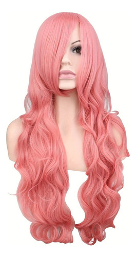 Elegante Peluca Rosa Ondulada Extra Larga Con Flequillo Para