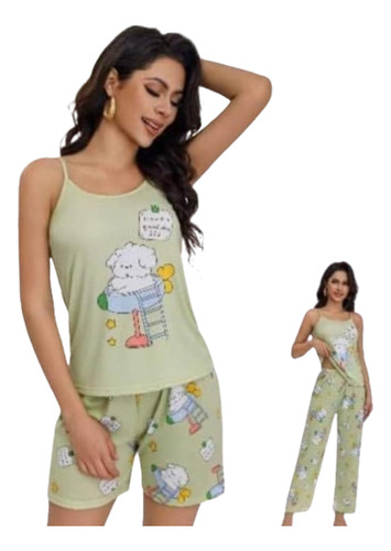 10 Pijamas Fresca De 3 Piezas Shorts Pantalón Y Playera