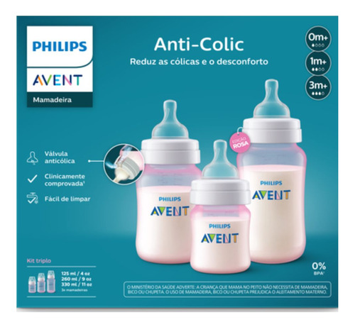 Kit Mamadeira Avent Clássica Rosa 125,260, 310 Ml, AntiCólica, Bico silicone, Mamadeira anti-refluxo