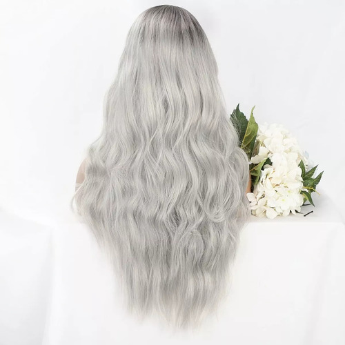 -peluca Larga De Mujer Color Gris Degradado Pelo Ola Natural