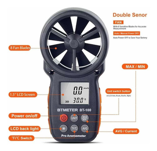Imagen 3 de 8 de Anemómetro Digital Medidor Viento Btmeter