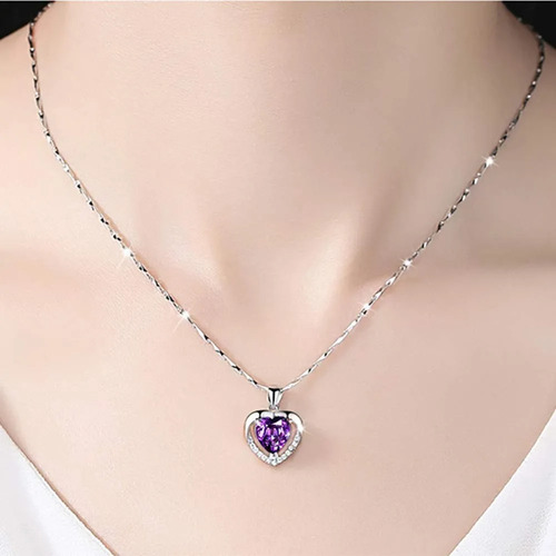 Collar Con Dije De Corazón De 925 Plata Y Cristal Para Muje Color Violeta