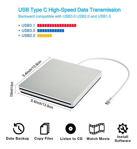 Unidad Externa De Cd Y Dvd Viktck Usb C Ultra Slim Para Macb