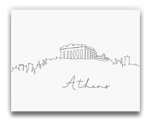 Athens Skyline Pen And Ink Line Drawing Wall Decor | Black .
