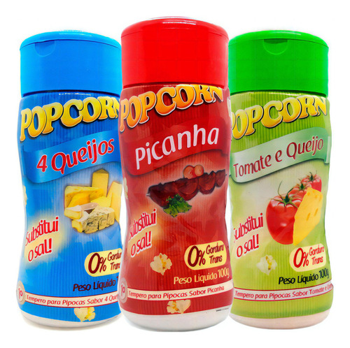 Combo 3 Temperos Pipoca Popcorn Sabores 4 Queijos, Picanha E