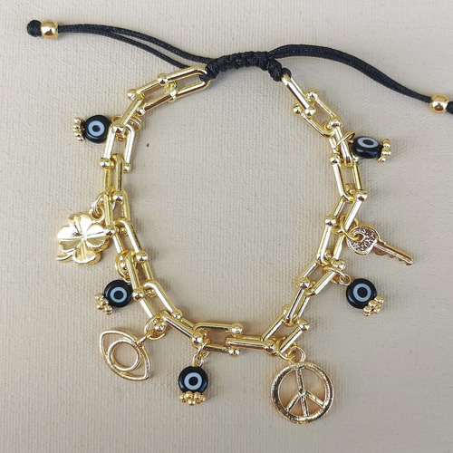 Imagen 1 de 1 de Pulsera Cadena Dijes Suerte Y Ojitos
