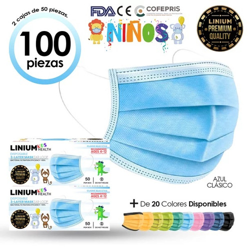 Caja De Cubrebocas Azul Infantil Tricapa 100 Pz Diseño de la tela COLOR LISO