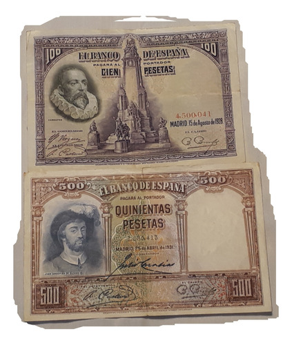 Billetes Antiguos España Pesetas 100 Y 500 Pesetas Mbc X 2 