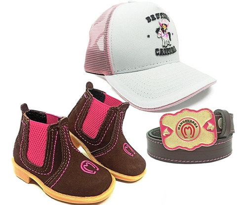 Kit Infantil Botina Cowgirl Boné Kids Cinto C Fivela Mm Rosa