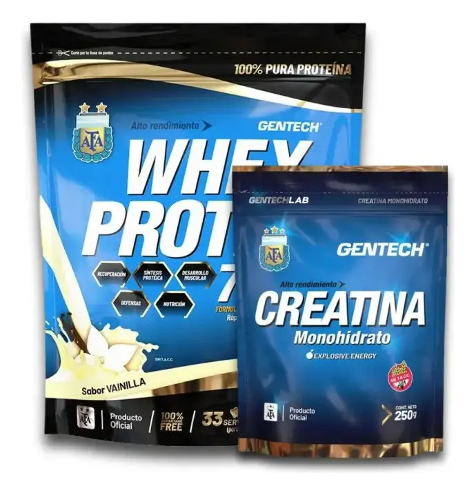 Combo Gentech Creatina Monohidrato + Whey Protein 7900 1kg Sabor Frutilla