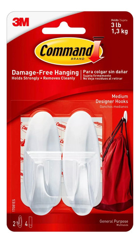 Pack 2x Gancho Mediano Multiusos 3m Command Cuelga Sin Dañar