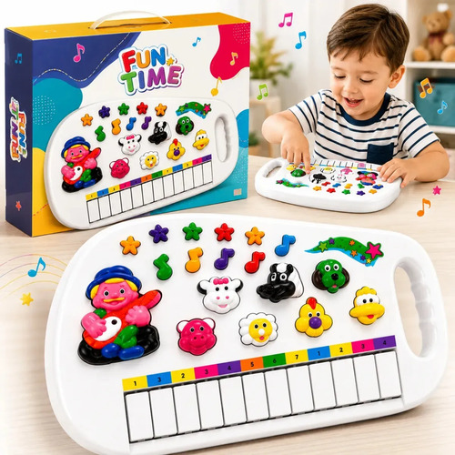 Piano Infantil Teclado Musical Fazendinha 12 Teclas com Som de Animais Brinquedo Educativo para Bebê e Criança a Partir de 2 Anos Cor Branco Plástico Alça Portátil Pratitudo Toys