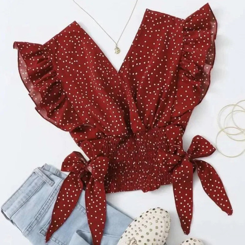 Blusa Corta Sin Mangas De Chifón Con Cuello En V Y Lunares