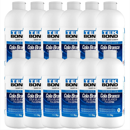 12x- Cola Branca Pva Extra 1kg Tek Bond Escolar | Artesanato Cor Branco