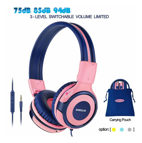 Auriculares Simolio Niños Con 94db 85db 75db Volume Limited & Share Jack Para Girls Con Mic Durable Children Con Safe V