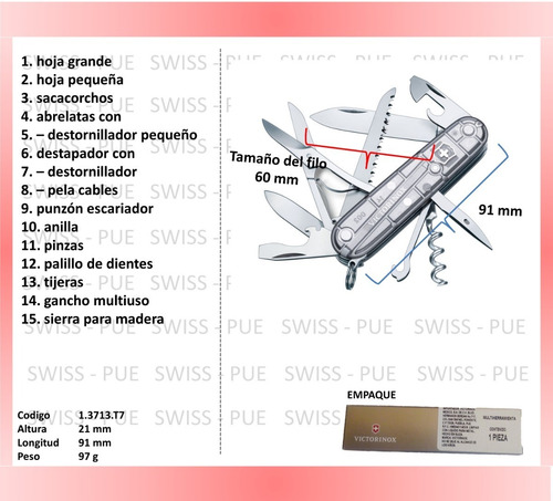 Imagen 2 de 2 de Navaja Huntsman Plata, 15 Usos, Victorinox (1.3713.t7)