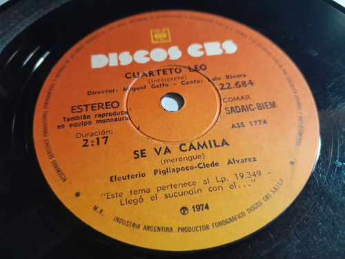 Vinilo Simple - Cuarteto Leo - Se Va Camila / El Terror...