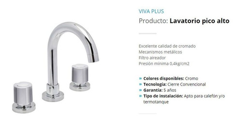 Imagen 2 de 4 de Griferia Baño Lavatorio Viva Plus Hydros Pico Canilla