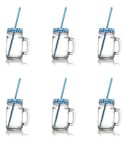 Set 6 Tarro Frasco Mason Jar Liso Vidrio 480ml Tapa Y Popote